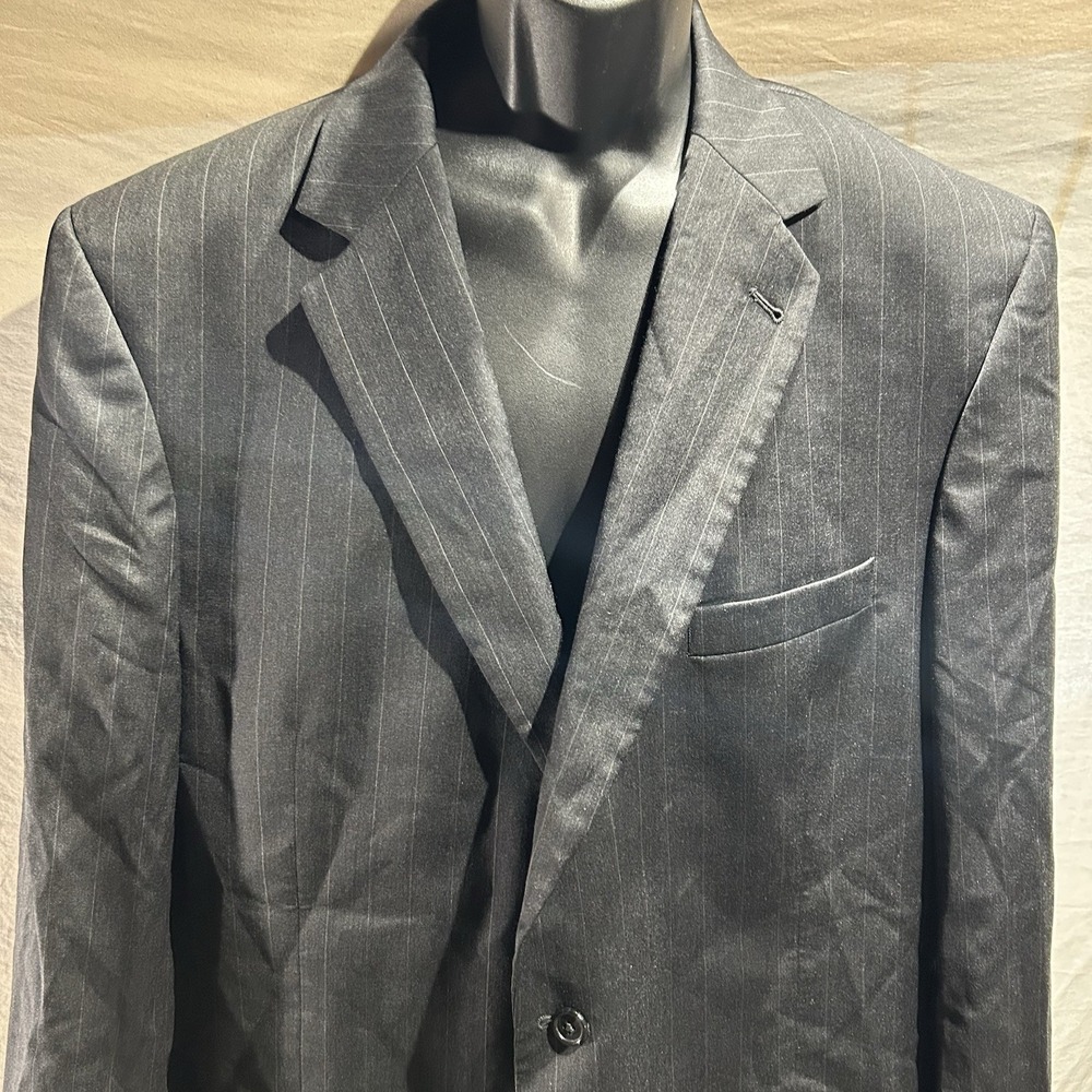 Jos A Bank Signature Mens 46L Black Pinstripe Suit Jacket 100% Wool Blazer